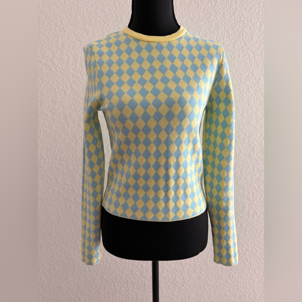 ZARA Pastel Harlequin Diamond Print Blouse | Yellow & Blue Long Sleeve Top
